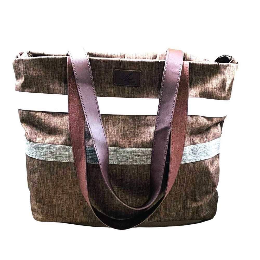 Shoulder Tote Bag by Aleah Wear Zip Top Brown w/ Stripes for Travel, Beach, Shop